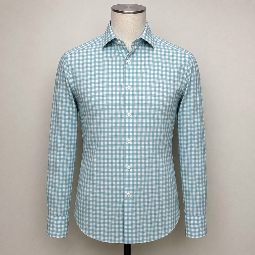 Mizzen+Main Mens Medium Trim Fit Gingham Performance Dress Shirt Aqua Blue White
